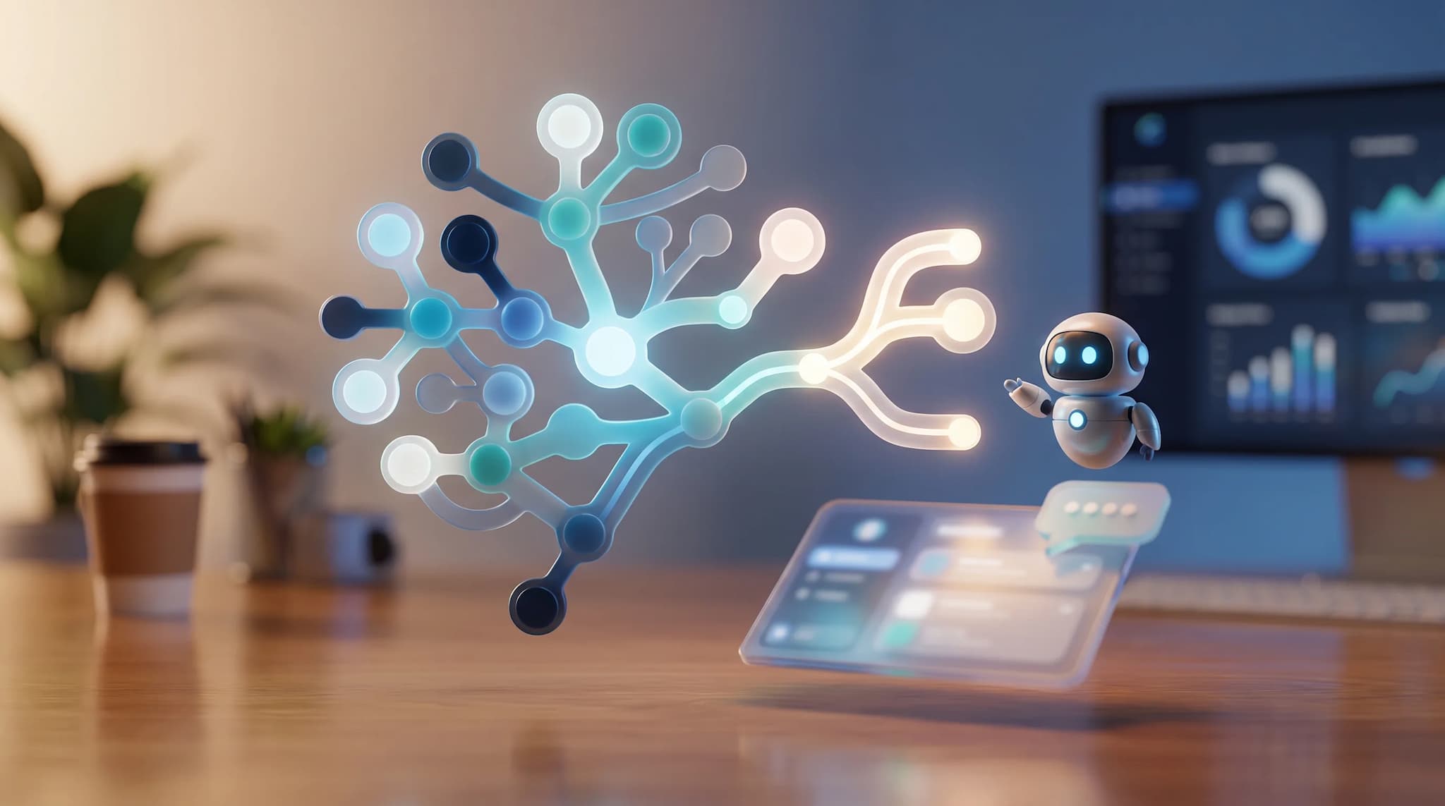 An abstract visualization of an AI agent learning and adapting its own pathways, showing evolving neural networks or decision trees.
