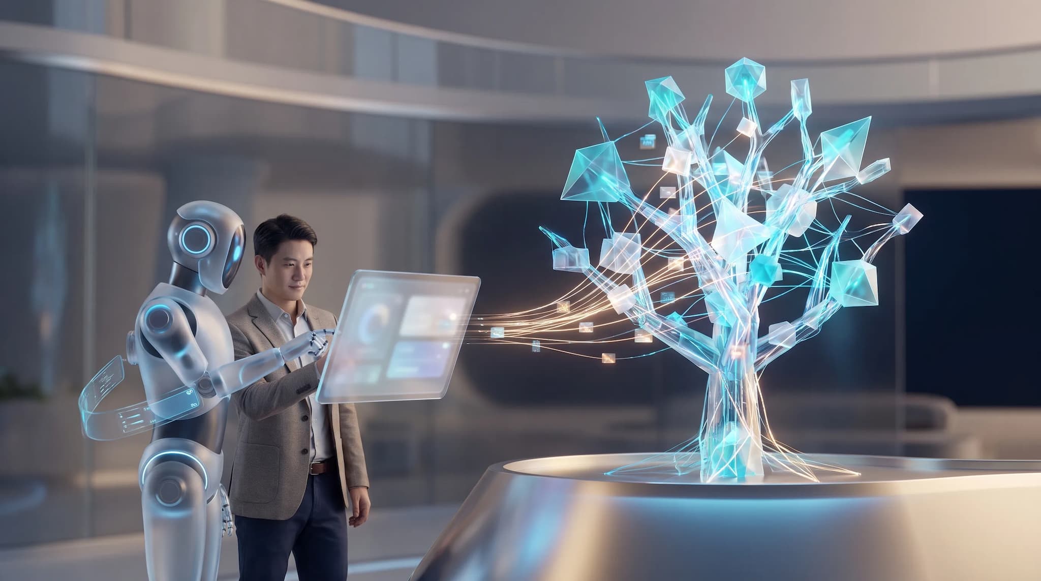 An abstract visualization of AI Capital, depicted as a luminous, crystalline structure that grows and becomes more complex, with threads of light representing data and interactions being integrated into its core. The style should be clean, futuristic, and sophisticated.